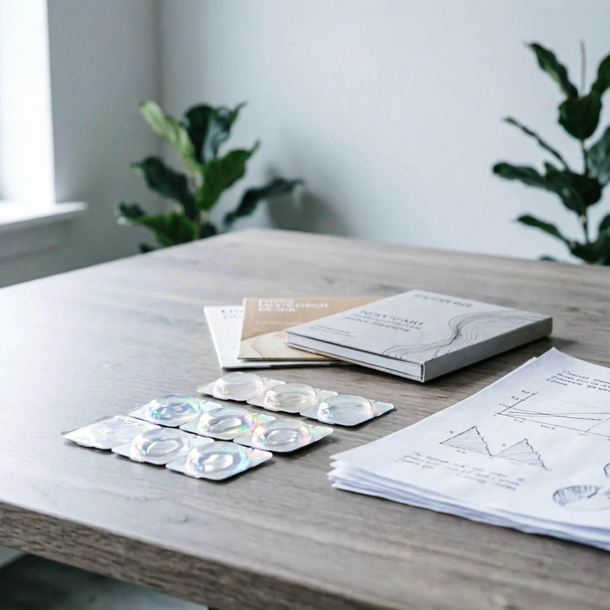 B2B contact lens industry trend planning with product packaging and samples