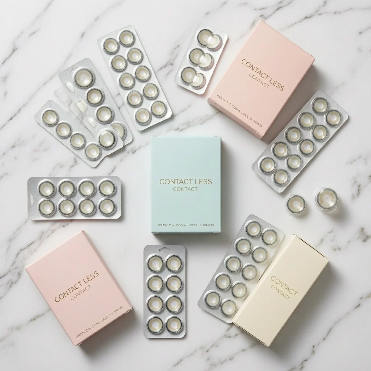 Premium colored contact lens packaging flat lay