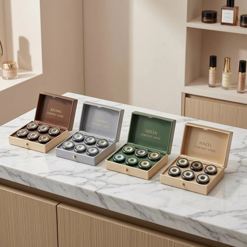 Colored contact lenses display in beauty salon