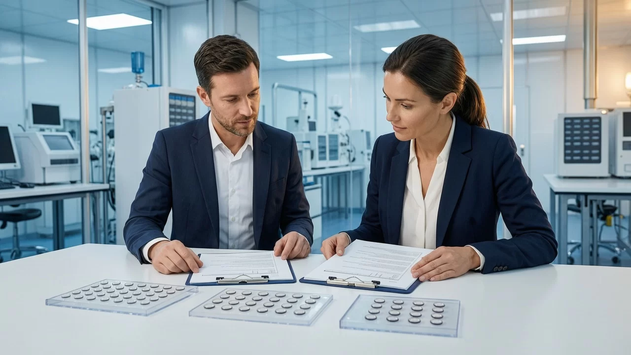 Business professionals reviewing contact lens quality documents in manufacturing facility